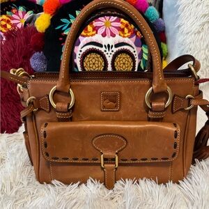 Dooney & Bourke Cognac Leather Satchel with Front Buckle Pocket